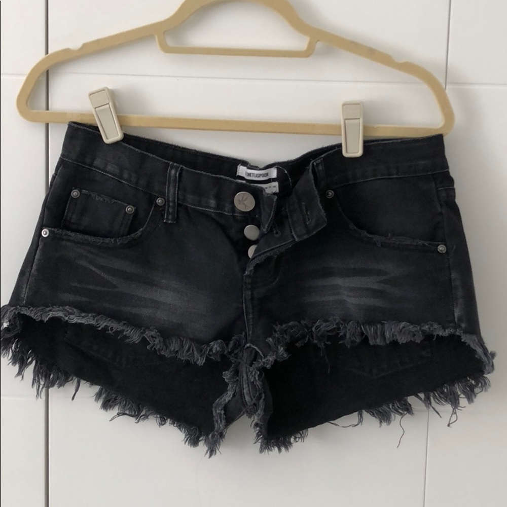Black distressed denim shorts